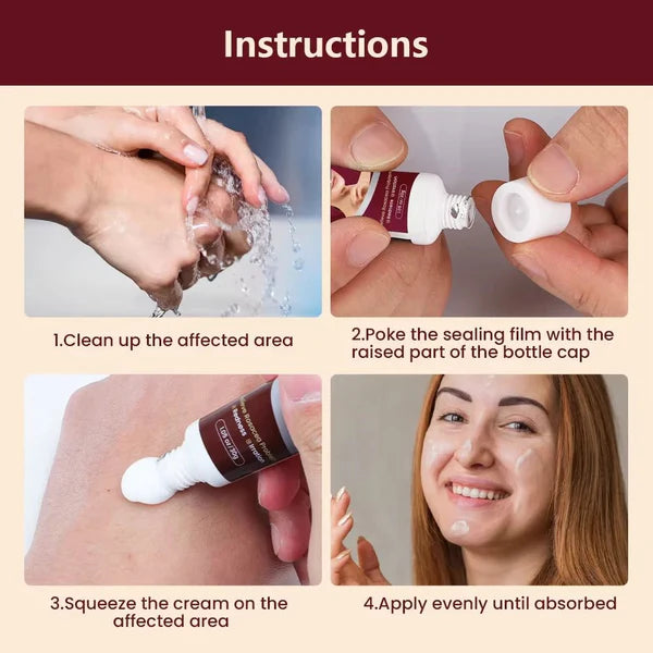 Step-by-step instructions for using a skincare product with images of hands applying cream and a woman smiling.