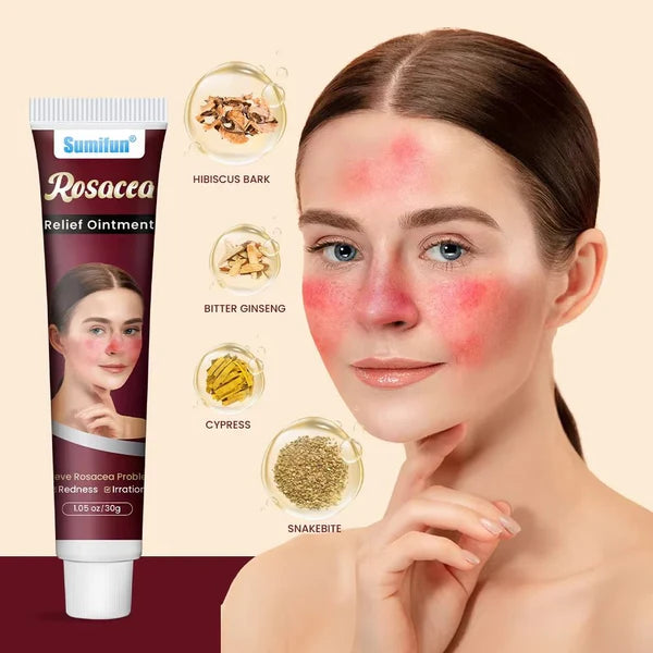 Rosacea Relief Ointment with ingredients and a woman's face showing rosacea symptoms on a beige background