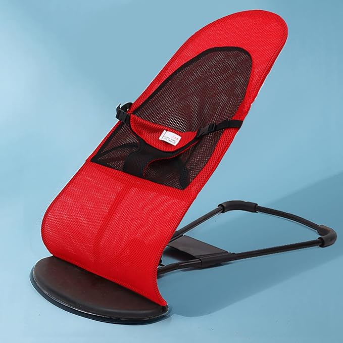 Red baby bouncer with black mesh seat
