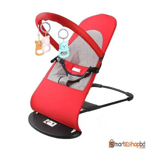 Red baby bouncer with toys on a white background