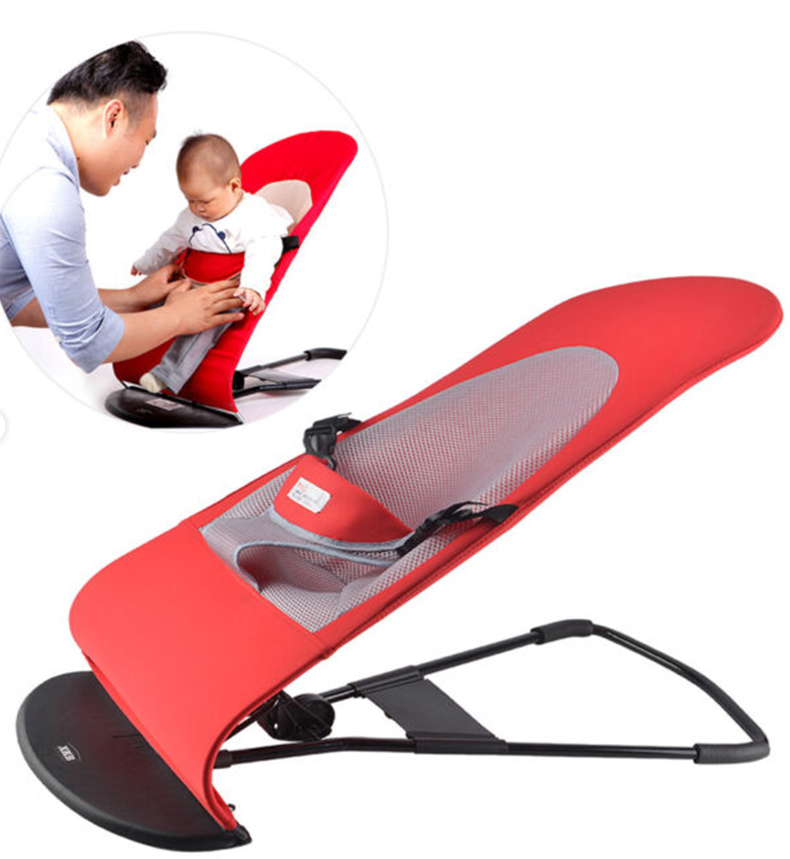 Red baby bouncer with a man and baby in an inset, on a white background