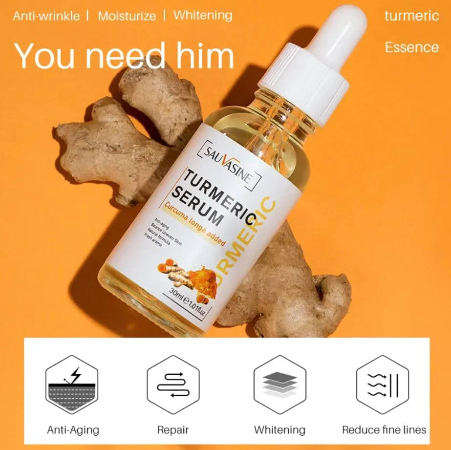 Beauty Lights Turmeric Serum (Original) bottle with ginger root on an orange background