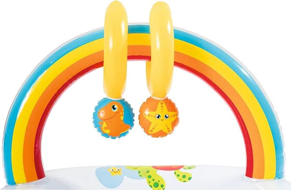 Inflatable Baby Play Mat & Lounger with Rainbow Arch with toys on a white background