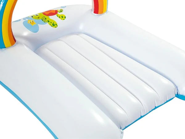 Inflatable Baby Play Mat & Lounger with Rainbow Arch pool float with colorful design on a white background