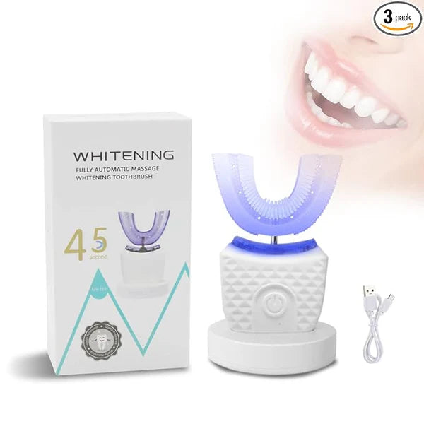 Bright Clean Whitening Automatic Toothbrush with packaging and a smiling mouth showing white teeth.