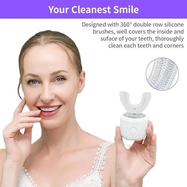 Woman holding a Bright Clean Whitening Automatic Toothbrush with text about its features.
