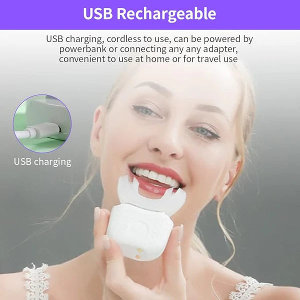 Woman using a USB rechargeable Bright Clean Whitening Automatic Toothbrush with text about its charging capabilities.