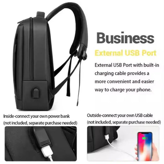 Black "carry craft bagpack" backpack with external USB port feature on a white background