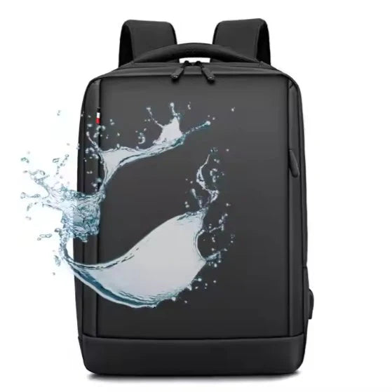 Black "carry craft bagpack" backpack with water splash design on a white background