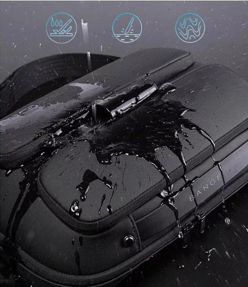 Close-up of a "casual carry bag" with water droplets on a dark background, which show water proof