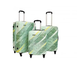Set of three green patterned Custom Cabin Luggage suitcases with wheels on a white background