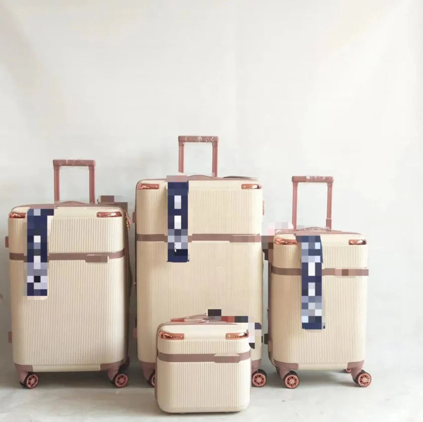 Set of beige Custom Travel Luggage with blue and white patterned straps on a light background