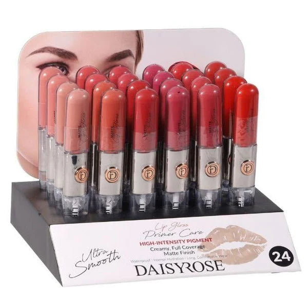 Display of DaisyRose lipsticks with a woman's face in the background