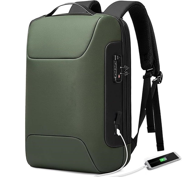 Green "digital backpack with type C" backpack with USB port and smartphone charging cable on a white background