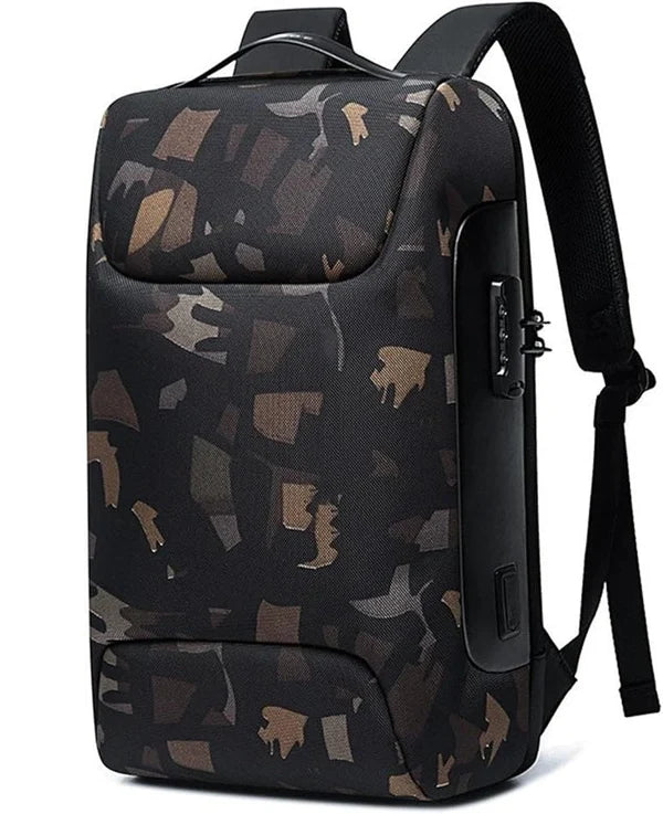 Camouflage-patterned "digital backpack with type C" backpack with USB port on a white background