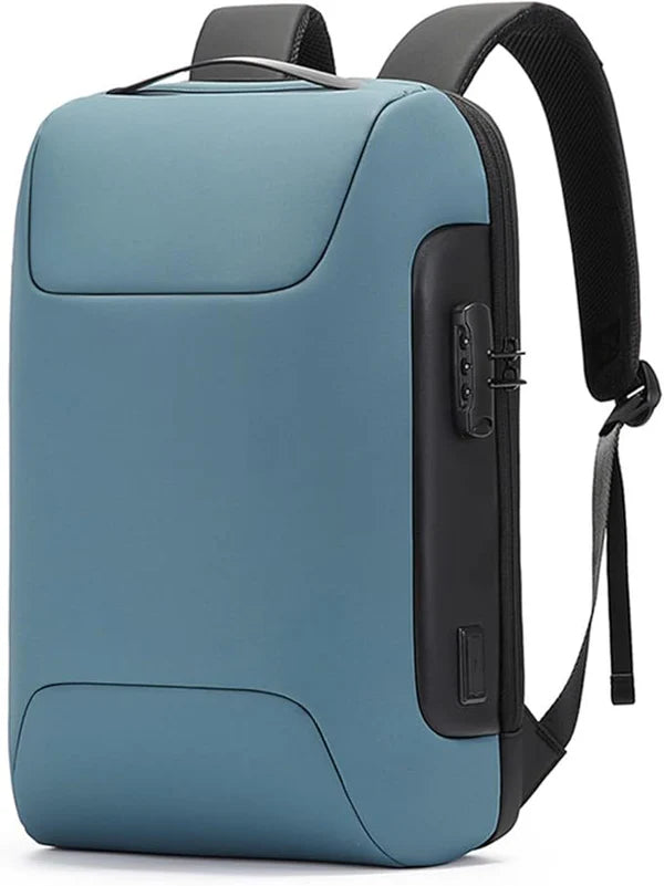 Blue "digital backpack with type C" backpack with black accents on a white background