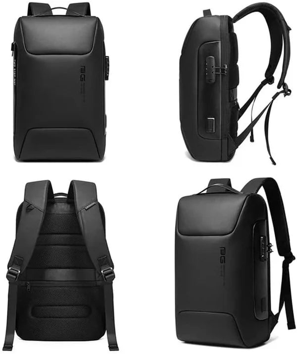Black "digital backpack with type C" backpack shown from multiple angles on a white background