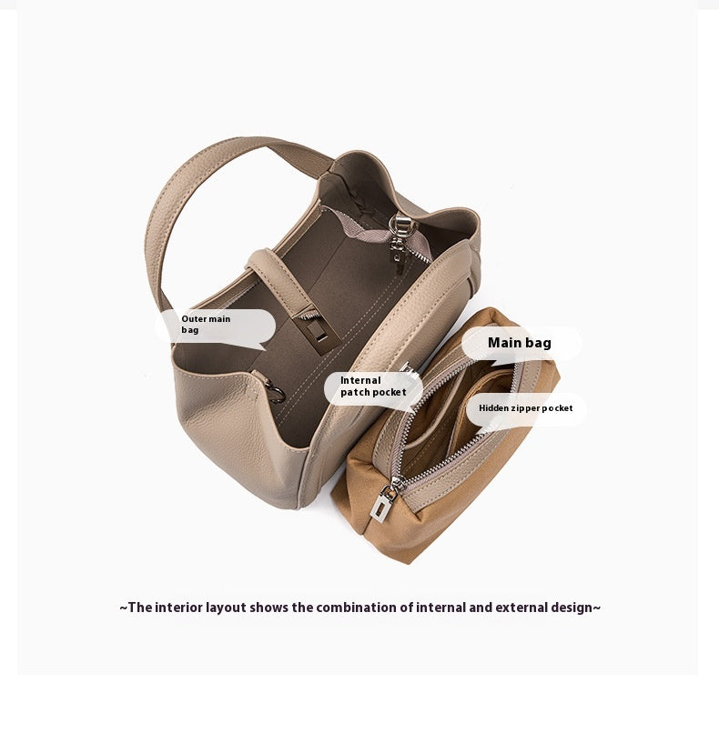 Beige color fashionable Korean style large capacity backpack with labeled interior compartments on a white background