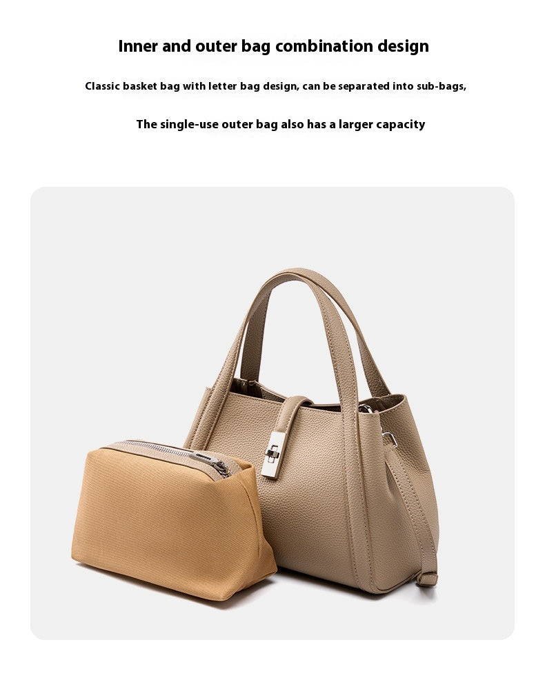 Beige color fashionable Korean style large capacity handbag with detachable pouch on a white background