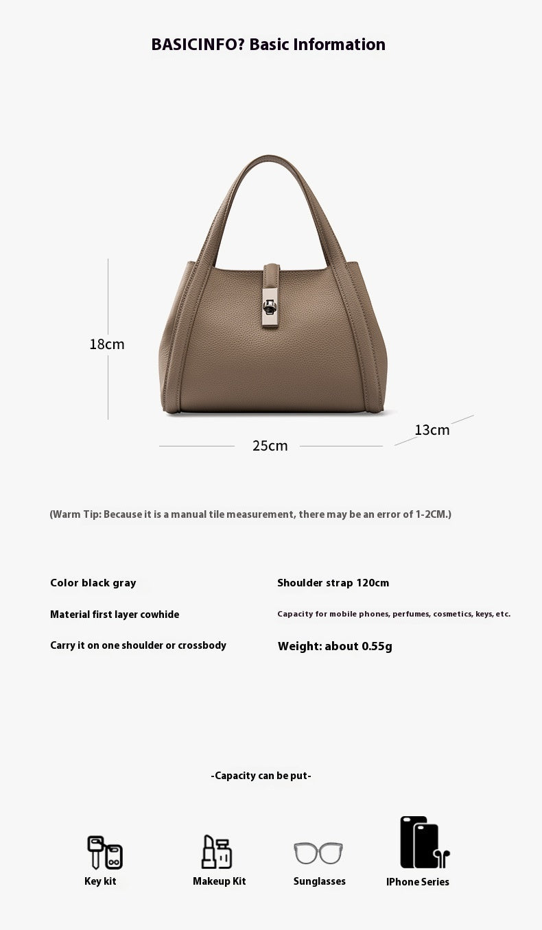 Beige color fashionable Korean style capacity handbag with dimensions and features on a white background