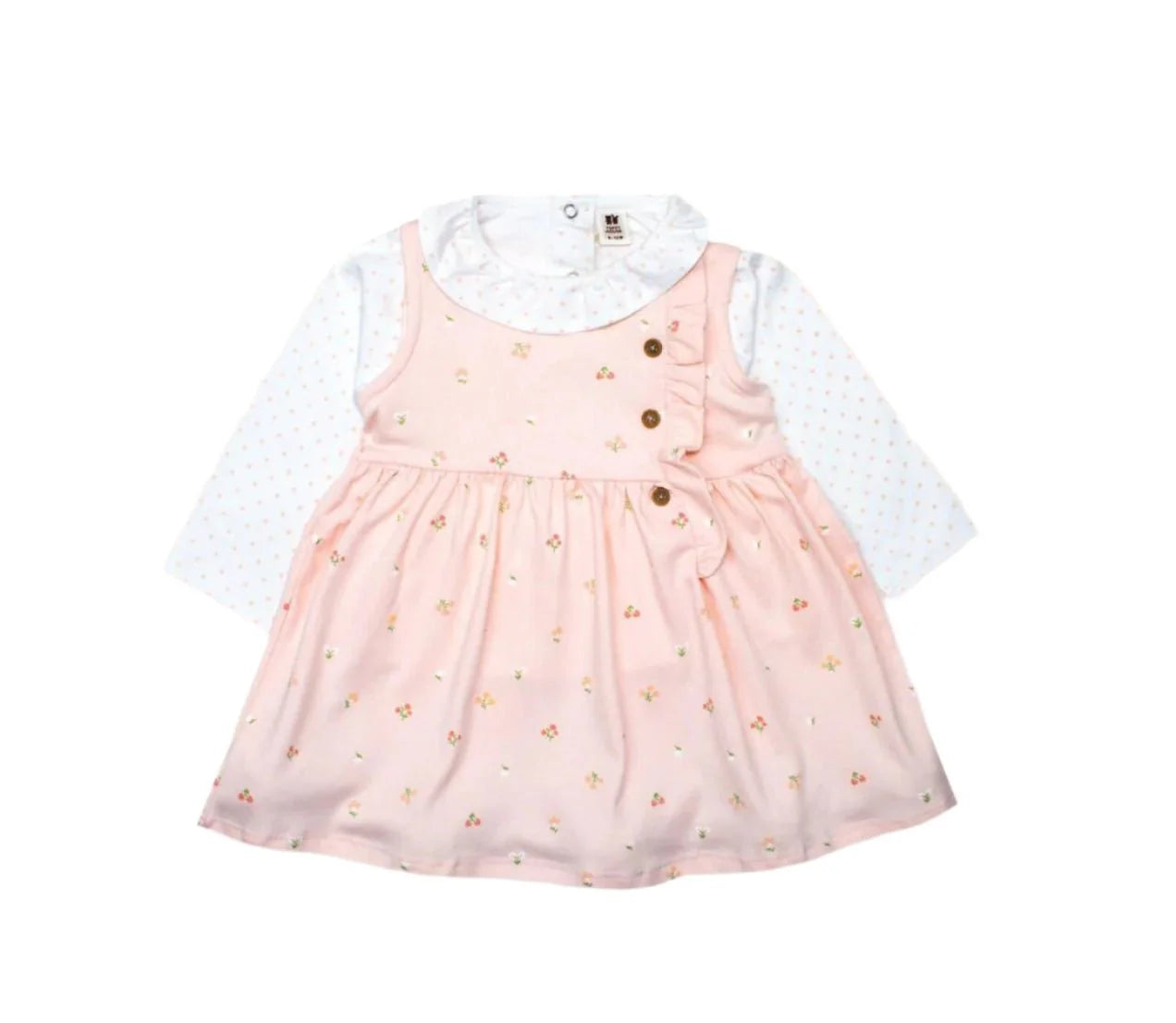 Floral Frock For Girls Pink dress with gold heart patterns and white shirt on a white background