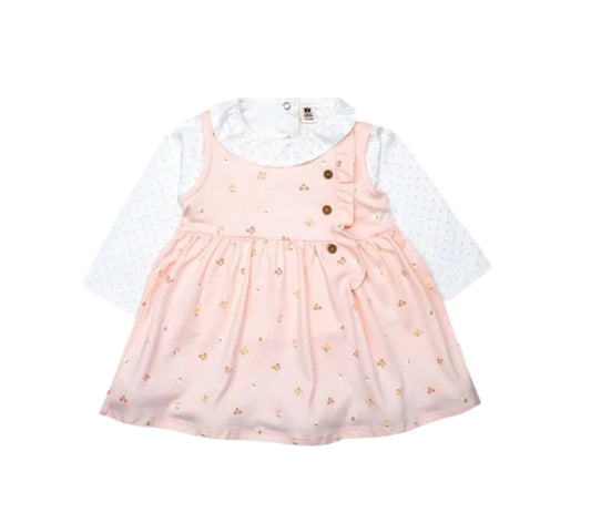 Floral Frock For Girls Pink dress with gold heart patterns and white shirt on a white background