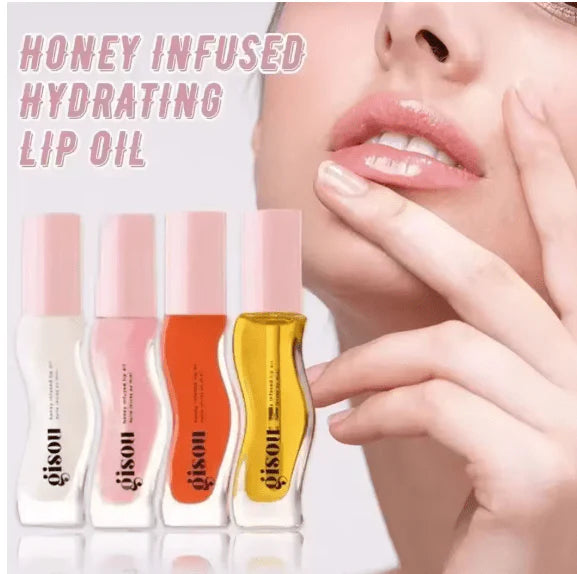 Four lip oil bottles with visible brand name 'gison' on a white background, with text 'Honey Infused Hydrating Lip Oil'.