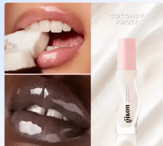 gisou honey infused lip oil , coconut flavor with close-up of lips wearing it and product packaging labeled 'Coconut Frost'.