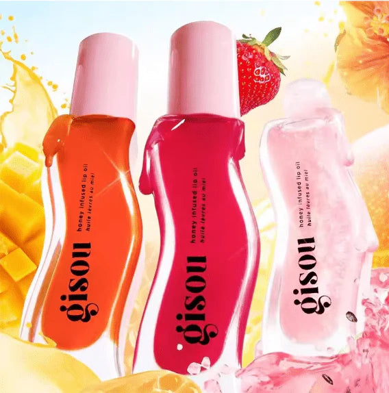 Three lip gloss bottles with colorful backgrounds and fruit elements