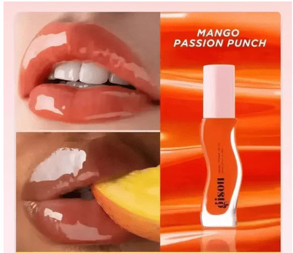 gisou honey infused lip oil with 'Mango Passion Punch' flavor shown on a colorful background