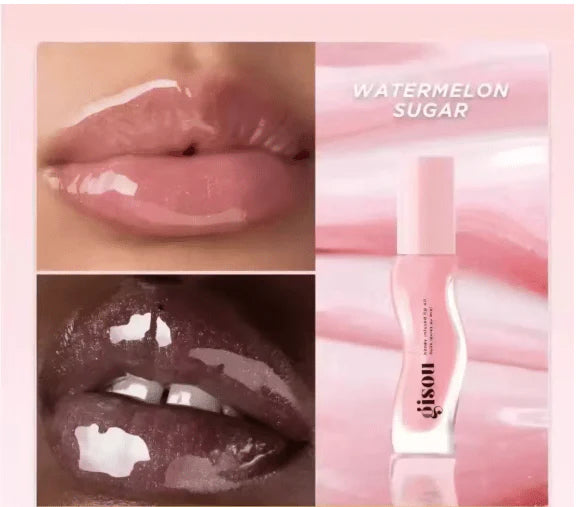 Lip gloss with close-up shots of lips wearing it, labeled 'Watermelon Sugar'.