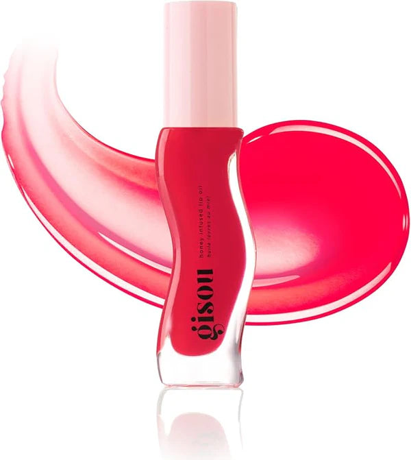 gisou honey infused lip oil bottle, strawberry flavor  with a  white background
