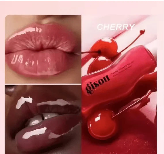 gisou honey infused lip oil with cherry design and close-up of lips wearing the shade