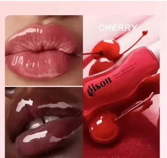 gisou honey infused lip oil with cherry design and close-up of lips wearing the shade
