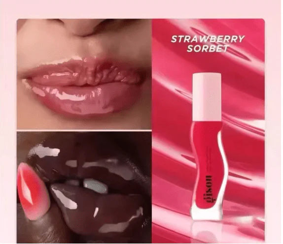 gisou honey infused lip oil with 'Strawberry Sorbet' flavor shown on packaging and applied to lips.