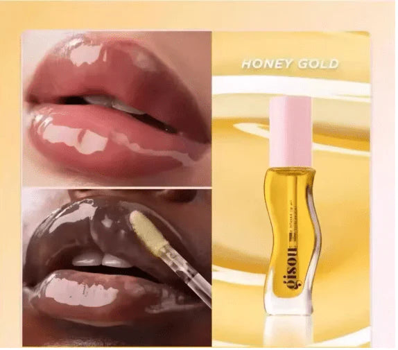 gisou honey infused lip oil, honey flavor  with close-up shots of lips and product packaging on a beige background