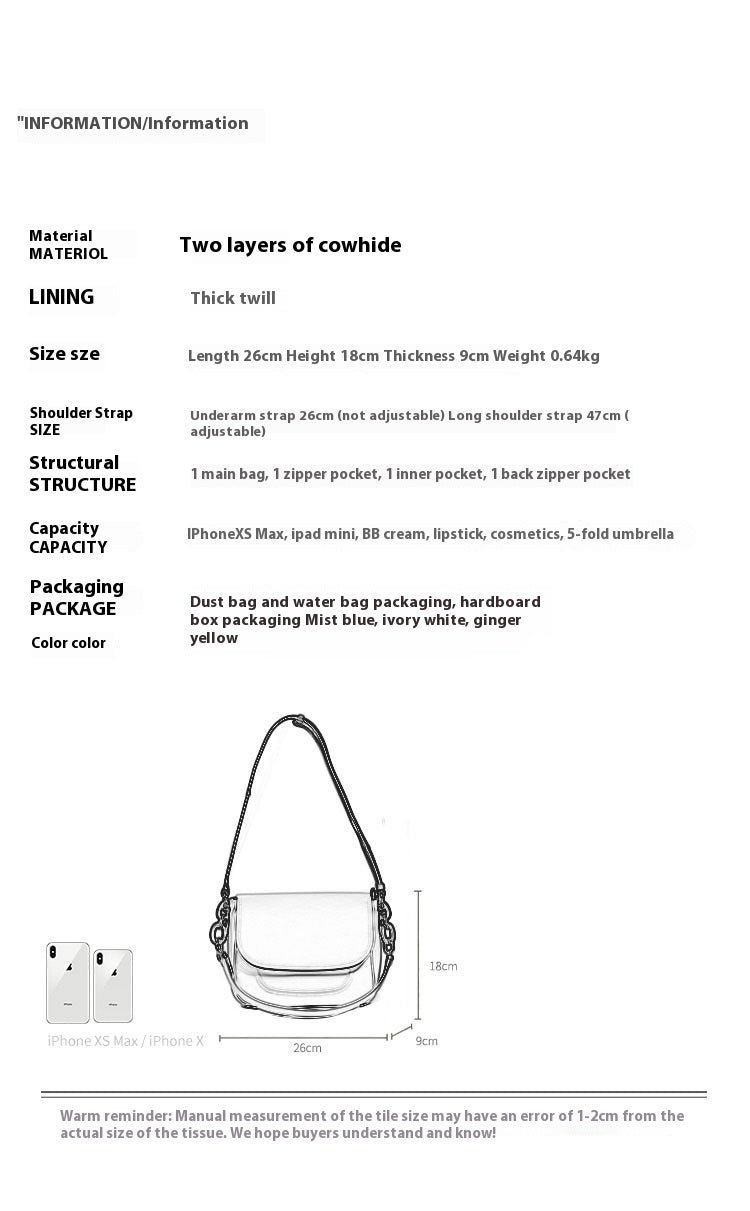 high grade cowhide underarm bag specifications for a handbag including material, lining, size, structure, capacity, packaging, and color options.