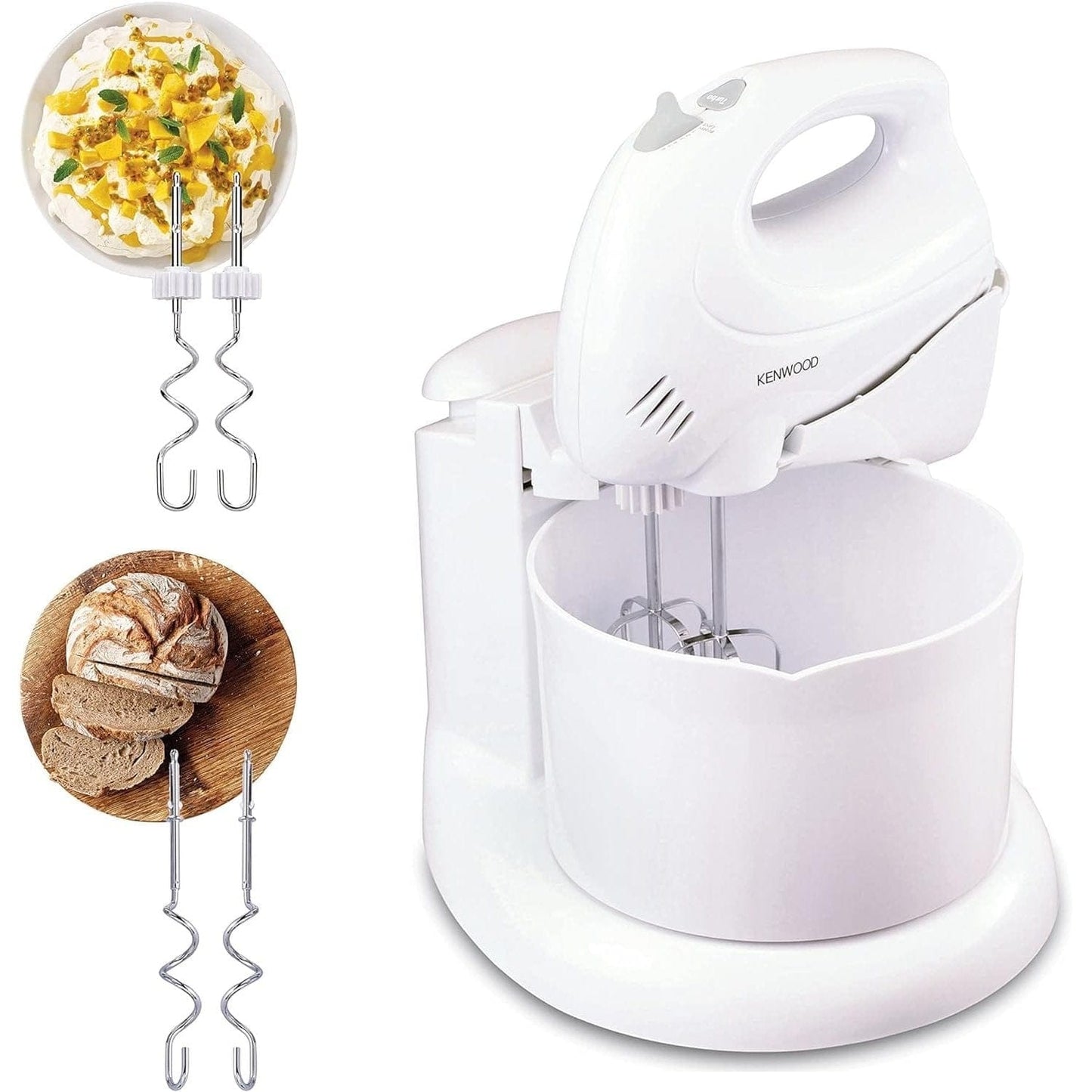 White Kenwood hand mixer with attachments on a white background