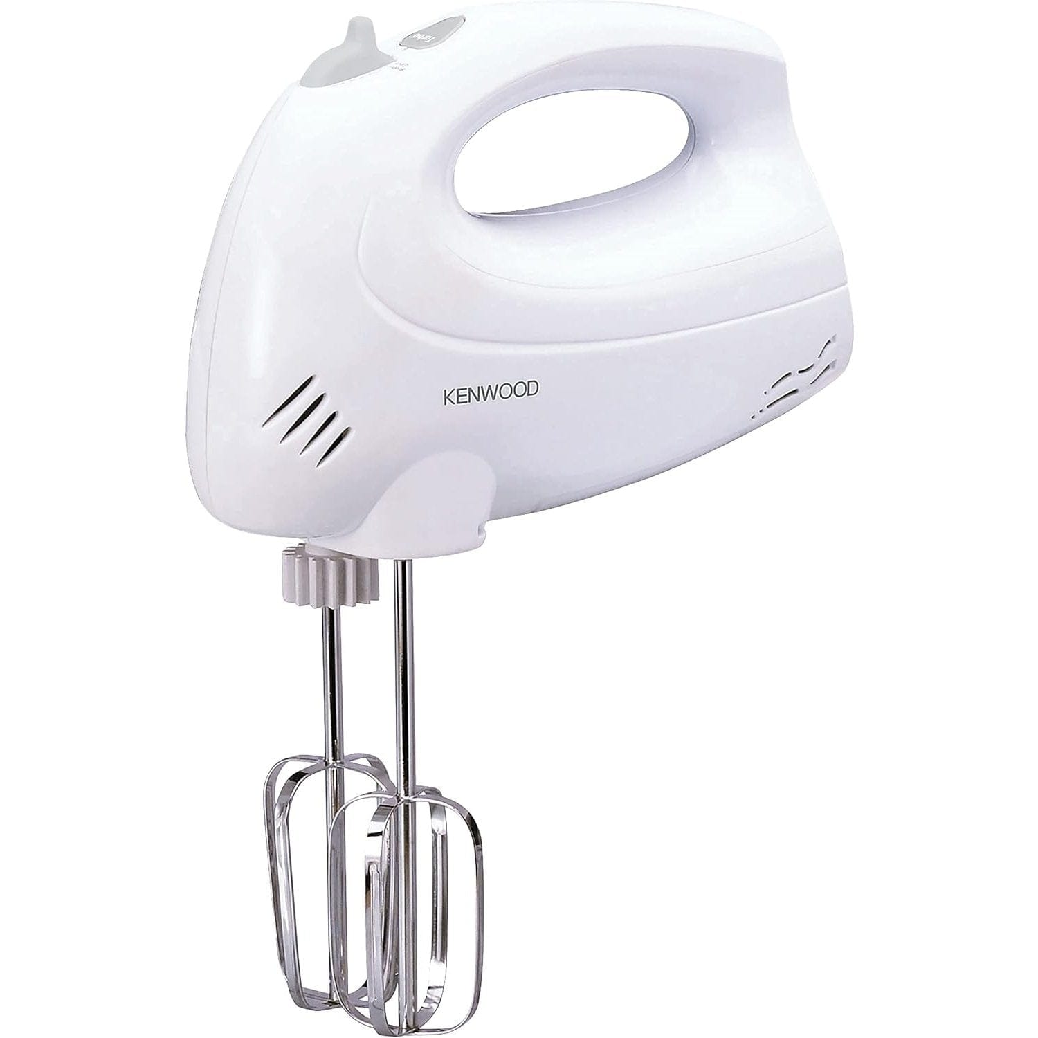 White Kenwood hand mixer with stainless steel mixer on a white background