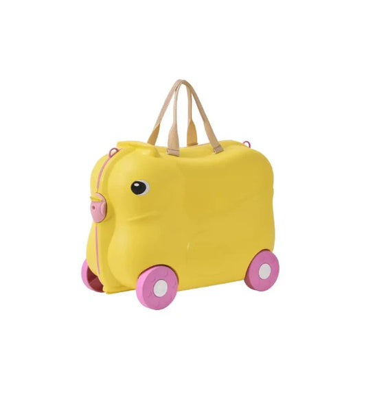 Yellow Kids Suitcase with pink wheels on a white background