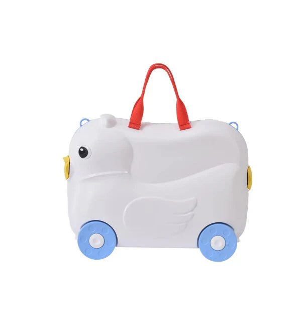 Kids Suitcase shaped like a white animal with blue wheels and a red handle on a white background
