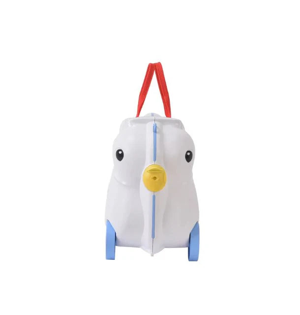 White penguin-shaped Kids Suitcase with red handle and blue wheel on a white background