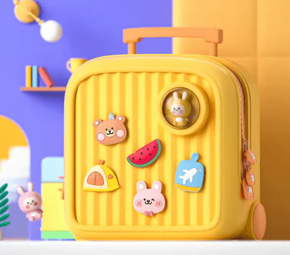 Yellow Kids Travel Backpack with cartoon character stickers on a colorful background