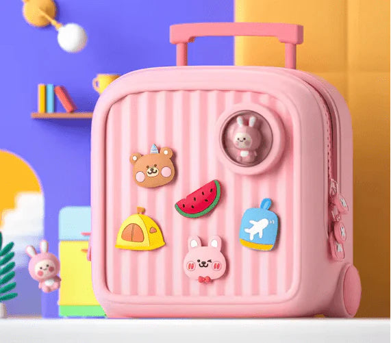 Pink Kids Travel Backpack with cartoon character stickers on a colorful background