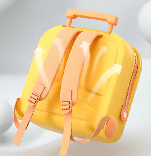 Yellow Kids Travel Backpack with orange straps on a light gray background