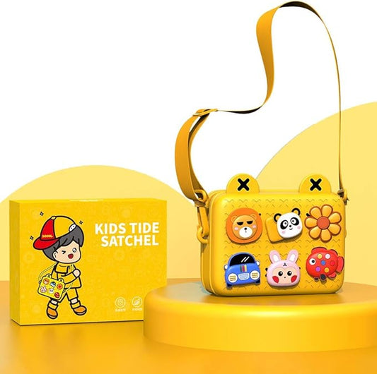 Yellow kids satchel with animal face designs next to a matching box on a yellow background