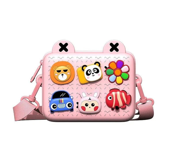 Kids Trendy Satchel Pink children's bag with cartoon character designs on a white background