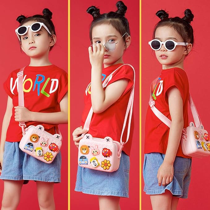 Three images of a girl in a red shirt and denim shorts holding a Kids Trendy Satchel with cartoon characters on a red background.