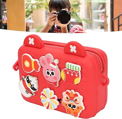 Red toy camera case with cartoon character designs on a blurred background
