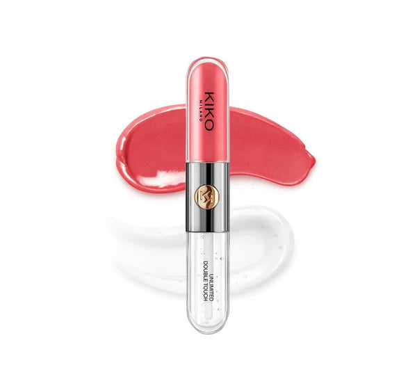 Kiko Milano 2 in 1 lip duo gloss with a swatch on a white background